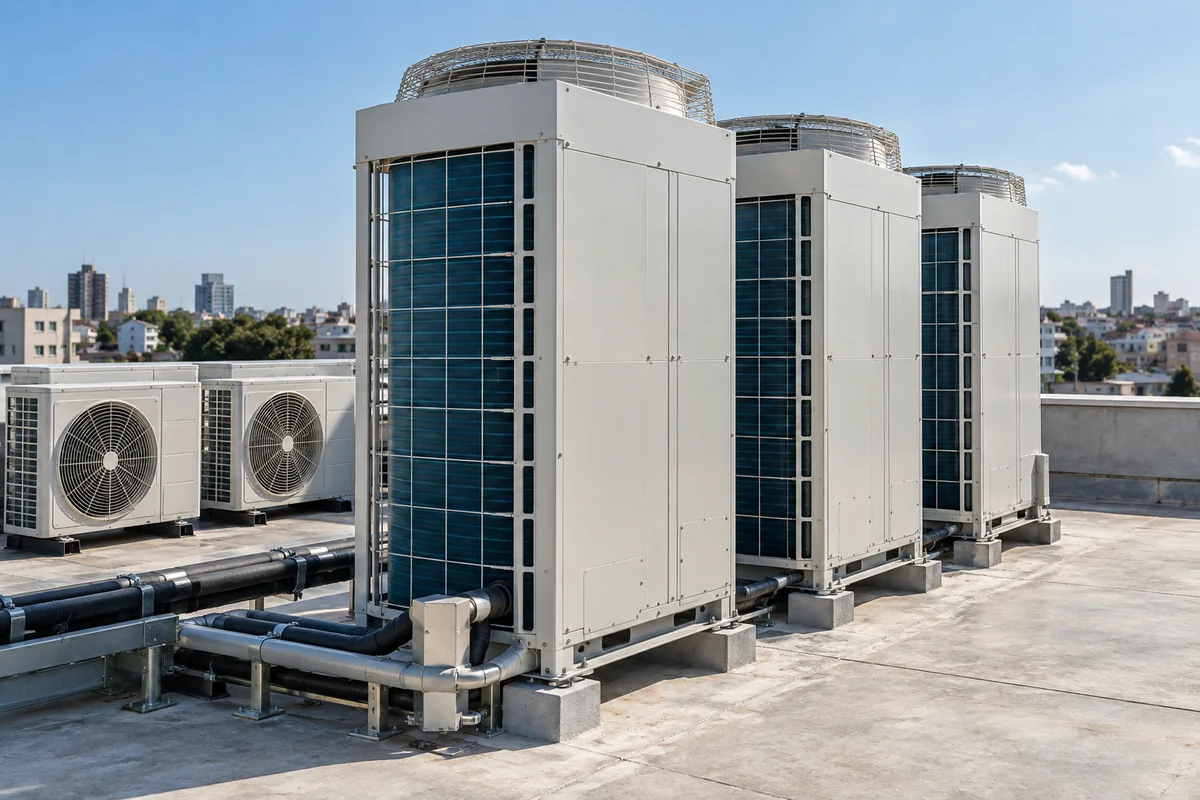 Imagem ilustrativa de equipamentos de climatização comercial instalados em uma cobertura